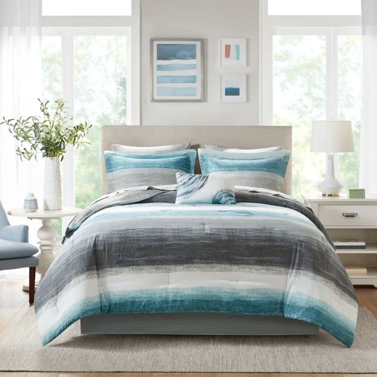 King Aqua Microfiber 7-Piece Comforter Set with Cotton Sheets