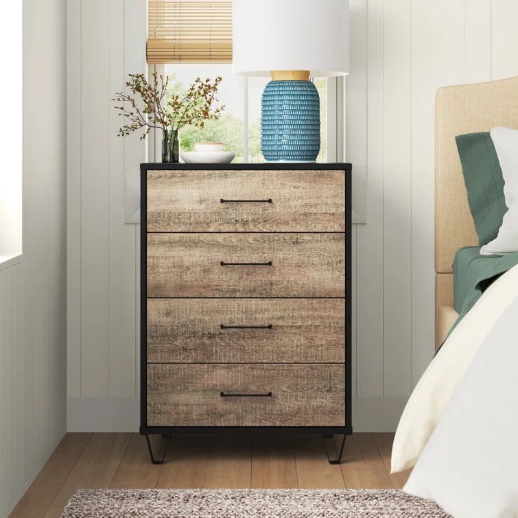 Weathered Oak and Matte Black Farmhouse 4-Drawer Chest