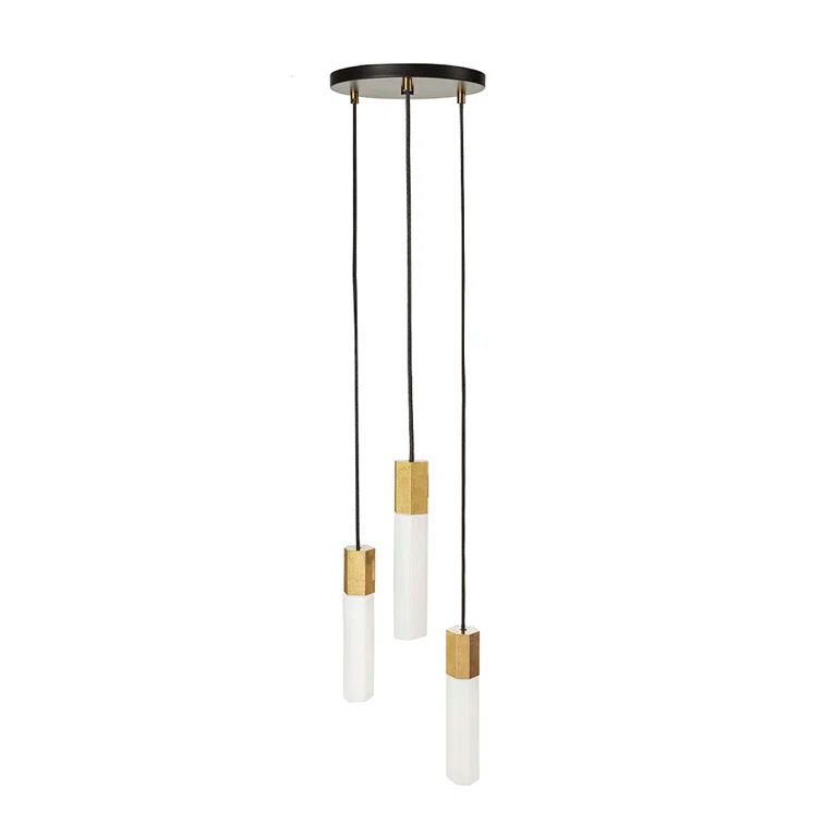 Basalt Brass Triple Pendant Light with Mouth Blown Glass Shades