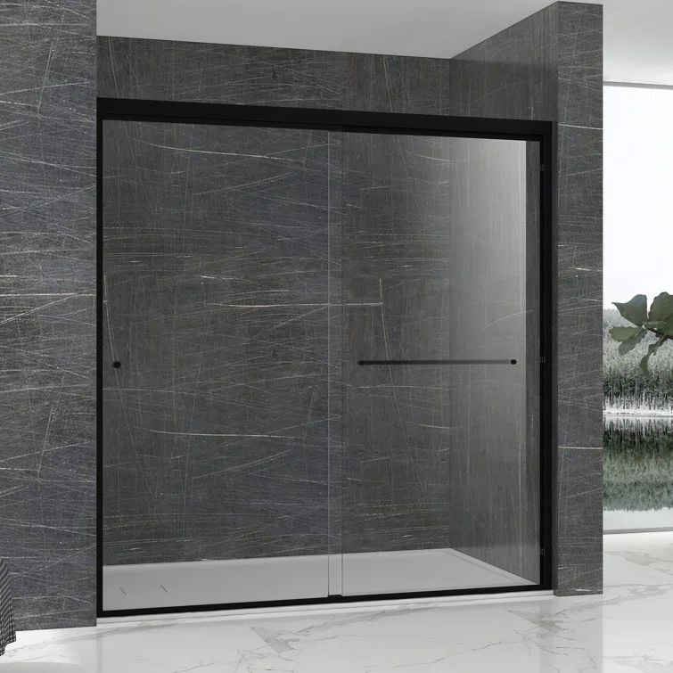 Matte Black Semi-Frameless Sliding Shower Door with Clear Glass