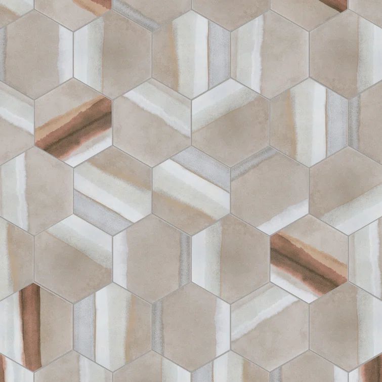 Taupe Red Hexagon Porcelain Floor and Wall Tile, 9" x 7.88"