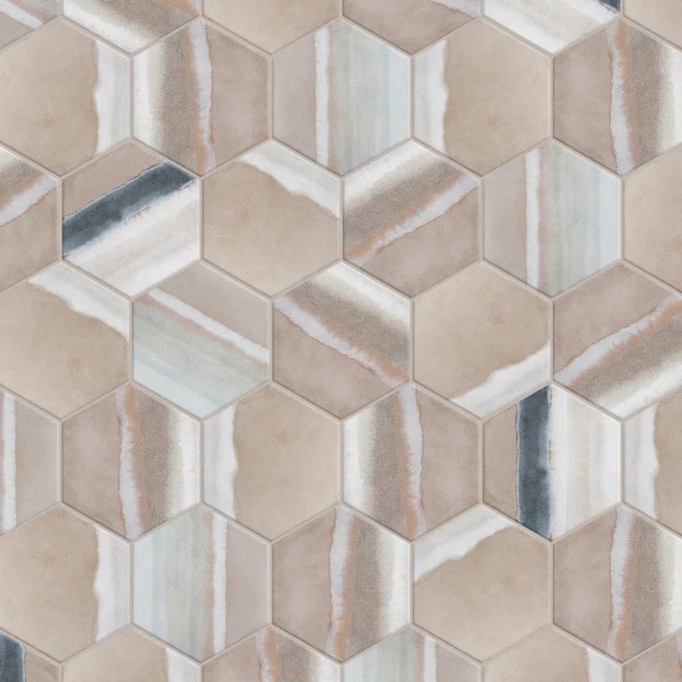 Taupe and Blue Hexagon Porcelain Floor and Wall Tile