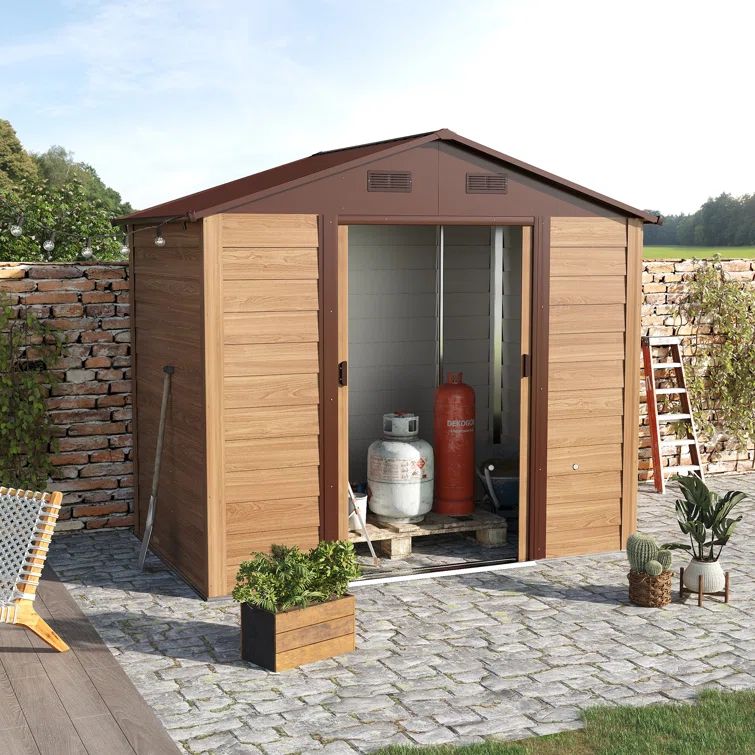 Outsunny 11' x 9' Brown Metal Storage Shed Kit with Windows