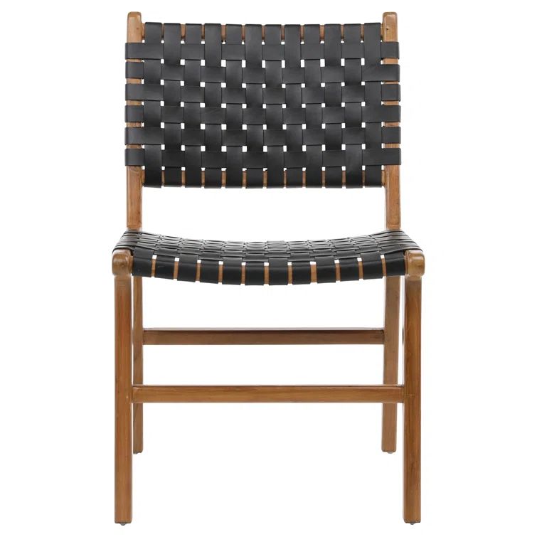 Black Leather Woven Upholstered Side Chair with Natural Wood Frame