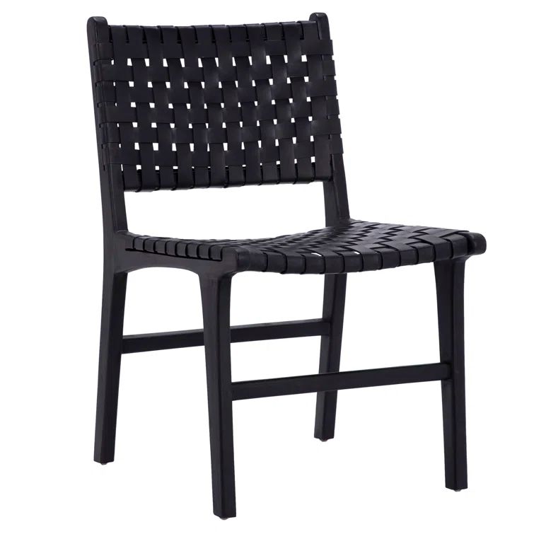 Antique Black Leather Teak Wood Woven Side Chair