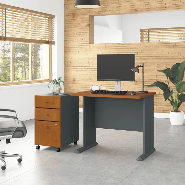 Natural Cherry and Slate Engineered Wood Computer Desk with Mobile File Cabinet