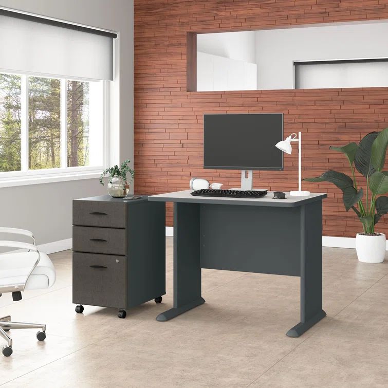 Slate and White Engineered Wood Computer Desk with Mobile File Cabinet