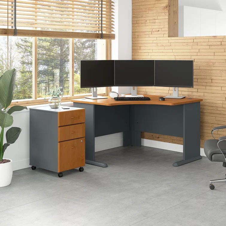 Natural Cherry and Slate L-Shape Executive Desk with Mobile File Cabinet