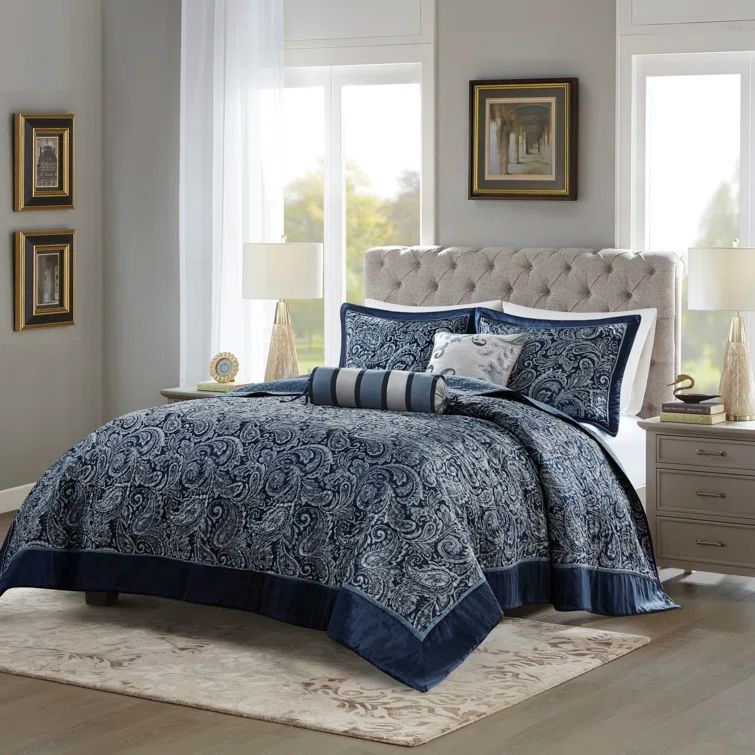 Navy Jacquard Embroidered Reversible Queen Bedspread Set