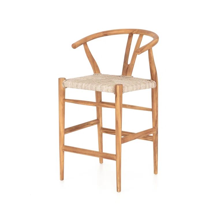 Natural Teak Wishbone-Style Counter Stool with Woven Seat