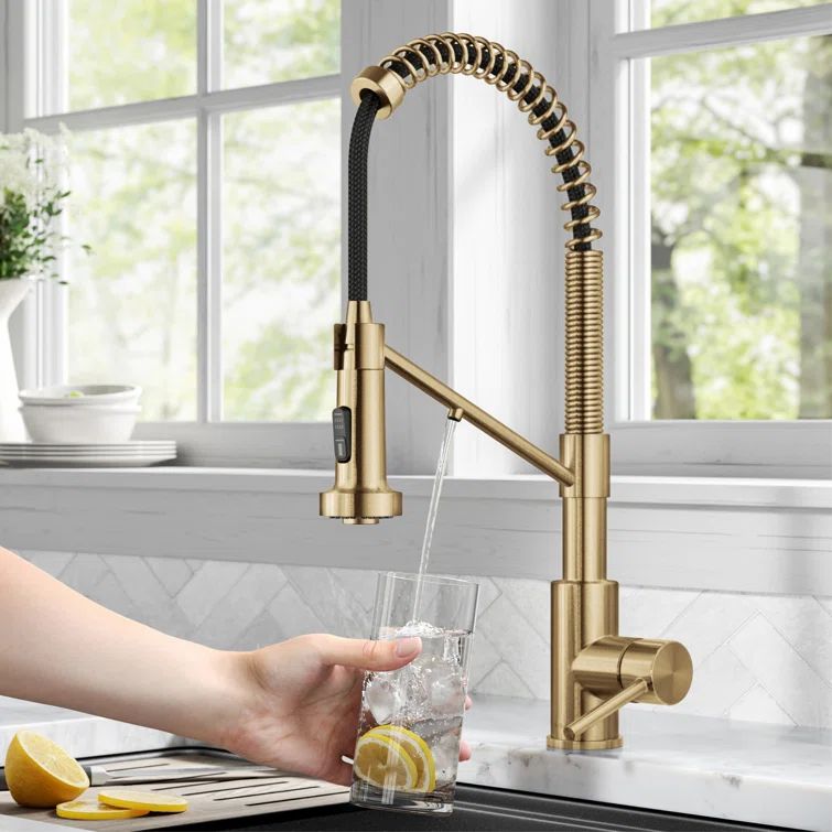 Brushed Brass Pull-Down Kitchen Faucet with Integrated Water Filter