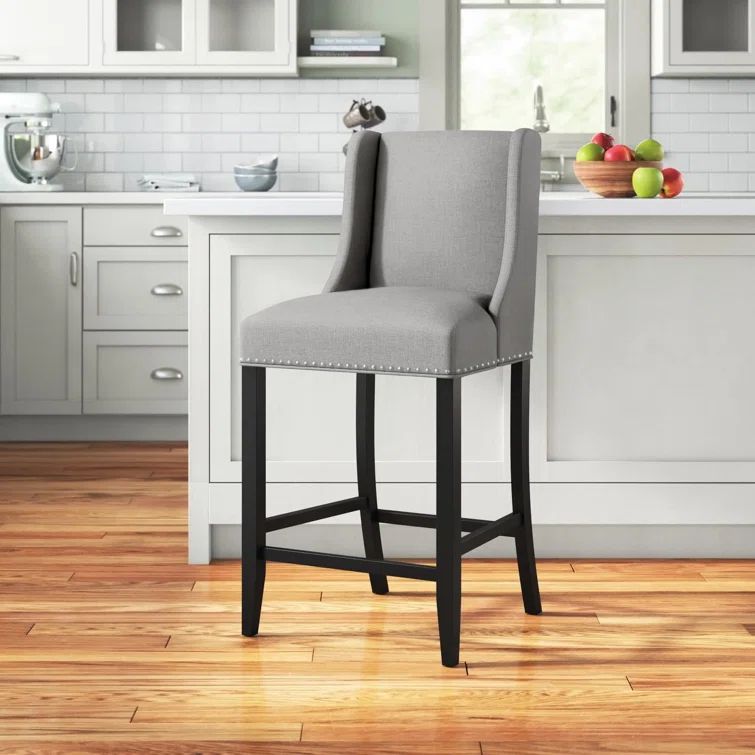 Elegant Light Gray Upholstered Wooden Bar Stool with Nailhead Trim