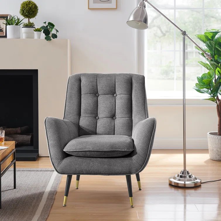 Dark Gray Velvet Tufted Club Chair with Gold Legs