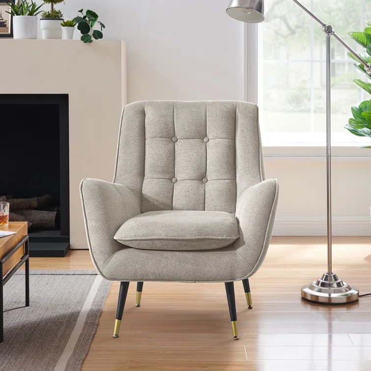 Midcentury Beige Velvet Wood Accent Chair with High-Density Memory Sponge