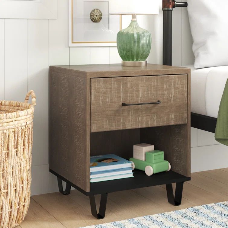 Arlen Weathered Oak 1-Drawer Nightstand with Matte Black Accents
