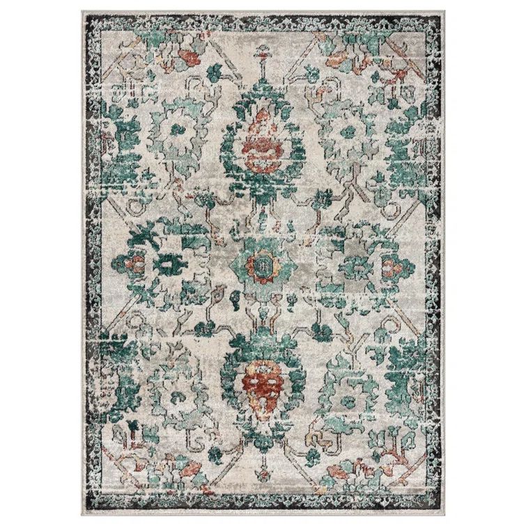 Green Floral Distressed 8' x 10' Synthetic Area Rug