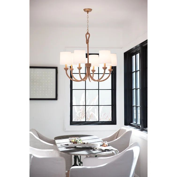 Natural Linen and Brass 6-Light Drum Chandelier