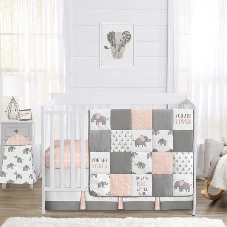 Pink and Gray Elephant Microfiber Toddler Crib Bedding Set