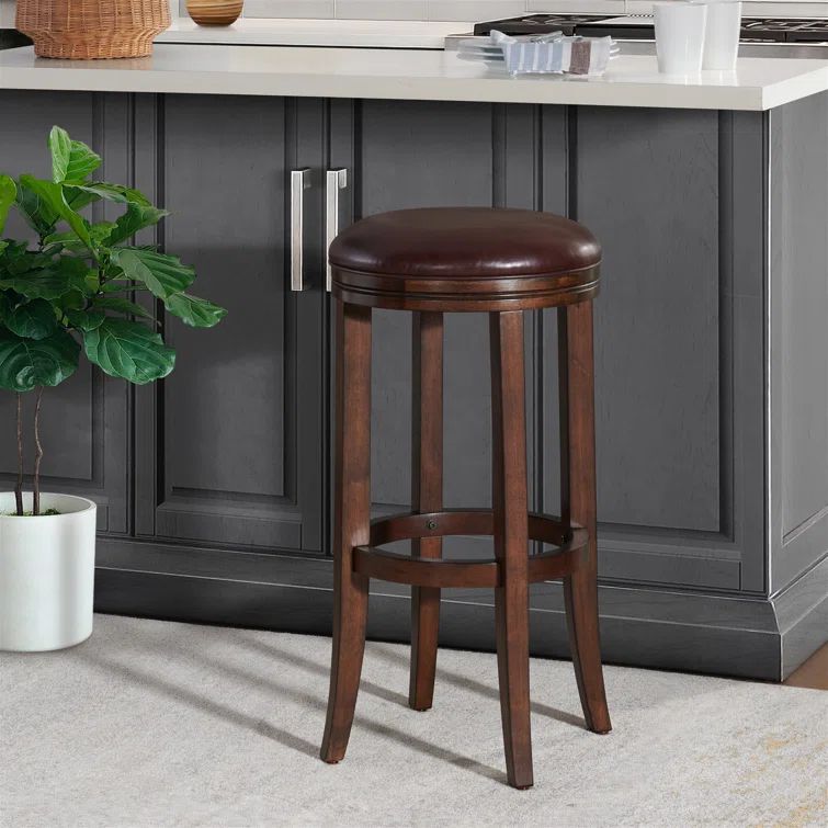 Distressed Walnut and Leather Backless Bar Stool, 29 in