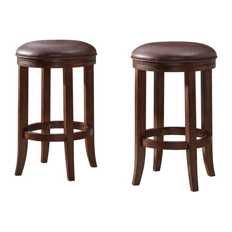 Distressed Walnut Backless Counter Stools with Leather Seat, Set of 2