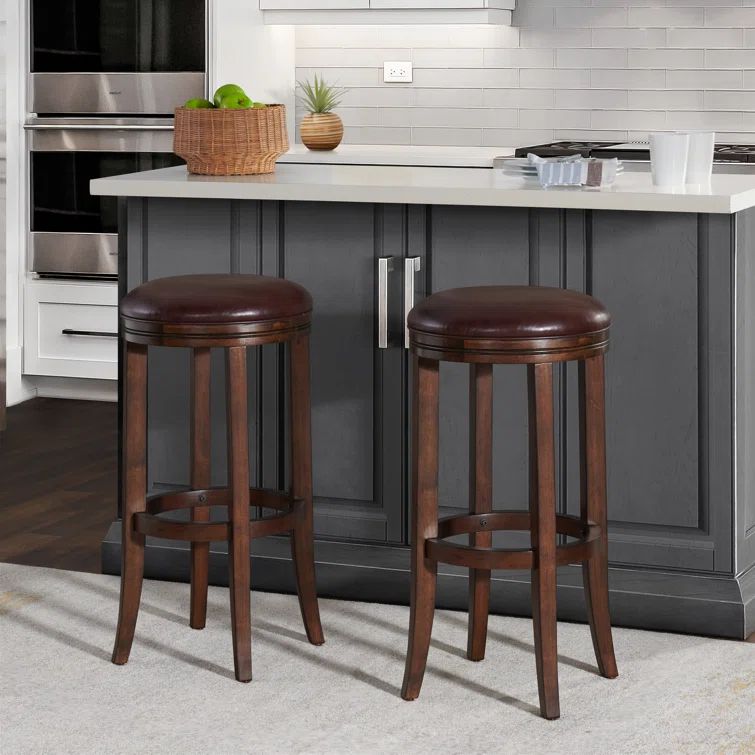 Distressed Walnut Backless Bar Height Stool with Leather Seat, Set of 2