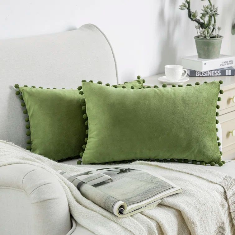 Light Green Velvet Pom Pom Decorative Throw Pillows, 12" x 20", Set of 2
