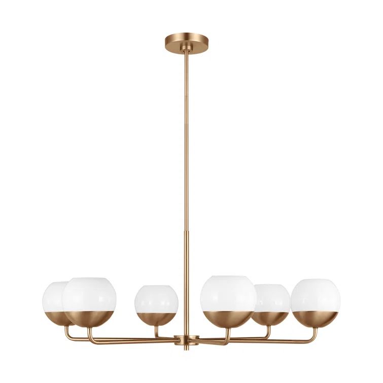 Alvin Satin Brass and Milk Glass 6-Light Chandelier