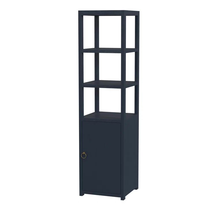 Navy Blue Tall Wood Bookcase with Adjustable Shelves and Door