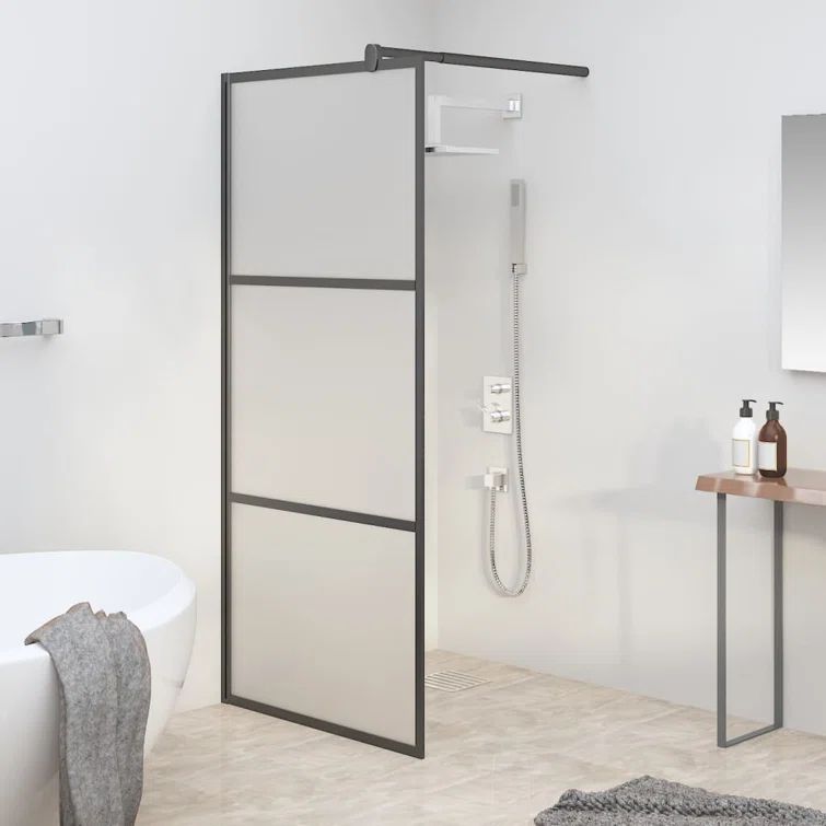 Modern Black and Frosted ESG Glass Walk-in Shower Wall 35.4" x 76.8"