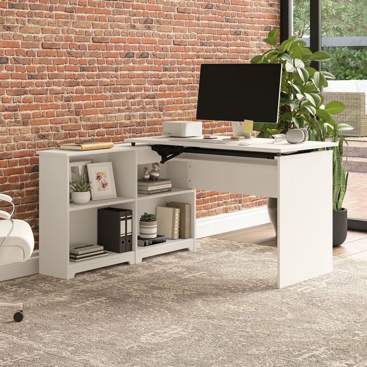 White Adjustable Height Corner Standing Desk with Shelves