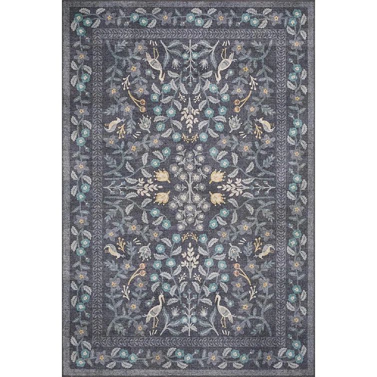 Blue and Gray Floral Synthetic 5' x 7' Area Rug