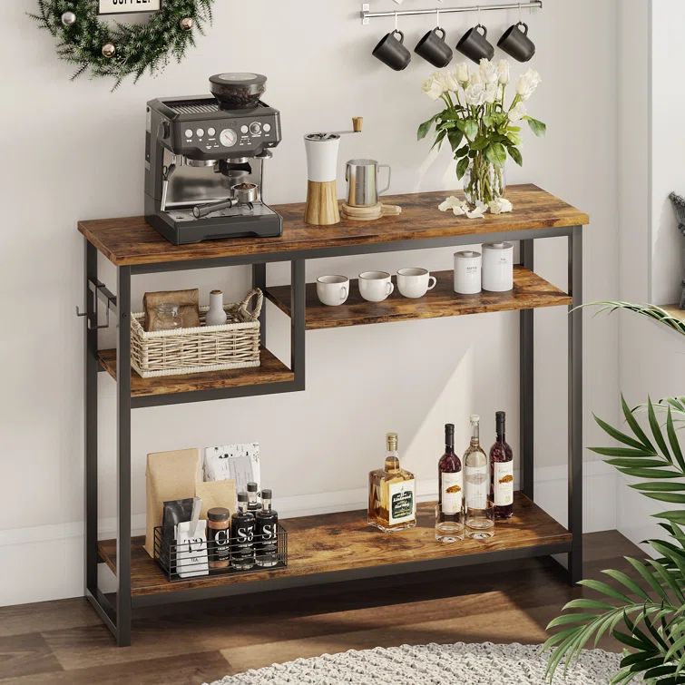 Rustic Brown Metal Console Table with 4-Tier Storage Shelves