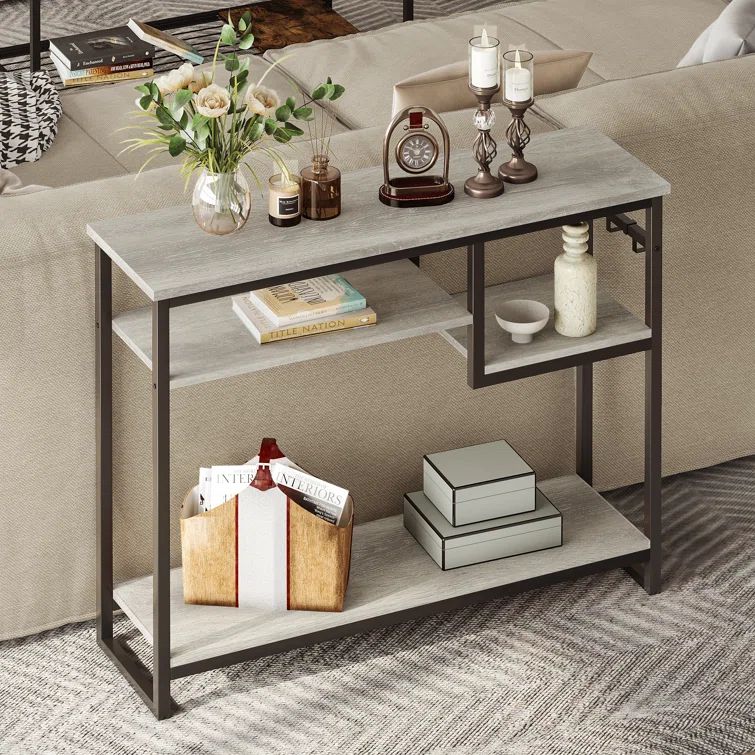 Gray Wood and Metal Console Table with Storage Shelves