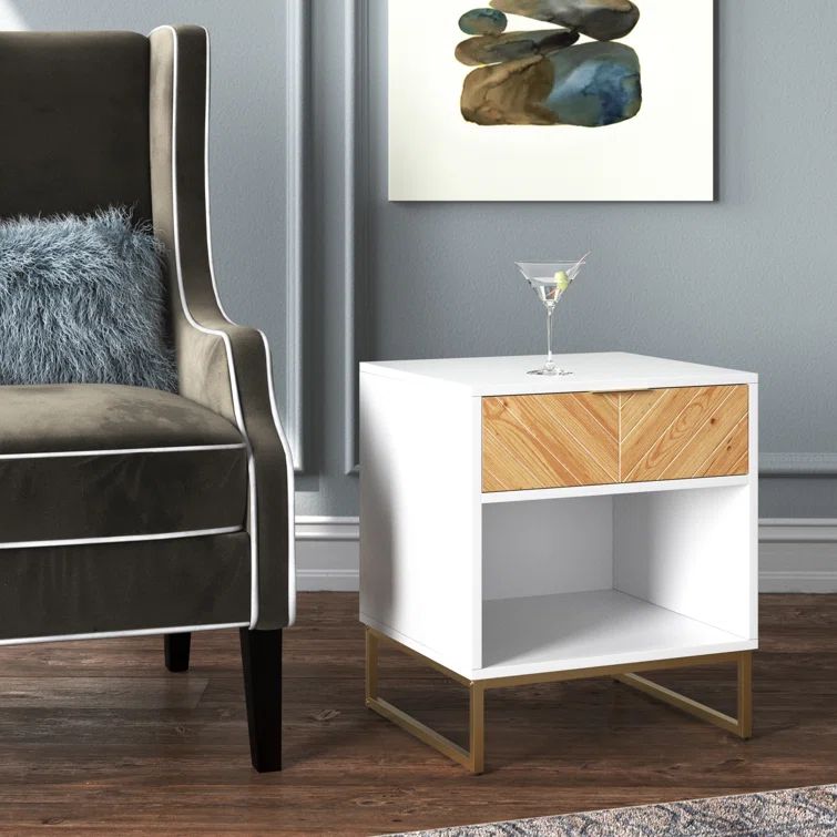 Kensi 18.9" White and Gold Nightstand with Herringbone Wood Drawer