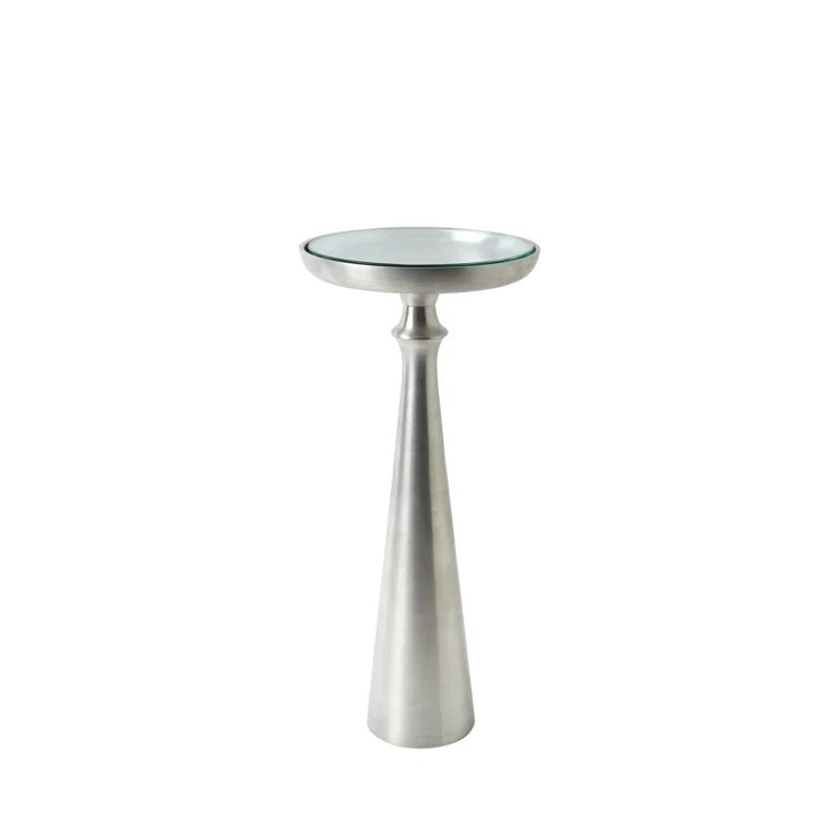 Small Round Satin Nickel Metal and Glass Accent Table