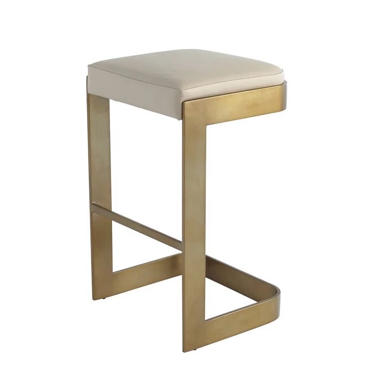 Ivory Leather and Antique Brass Backless Bar Stool