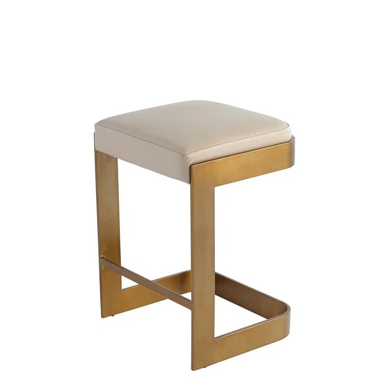 Elegant Ivory Leather Counter Stool with Antique Brass Base