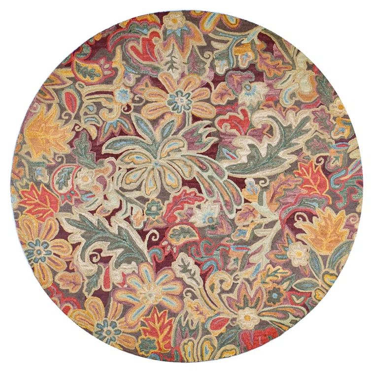 Handmade Round Multicolor Floral Wool Area Rug