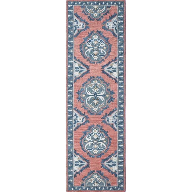 Vintage Red and Blue Hand-Tufted Wool Runner Rug