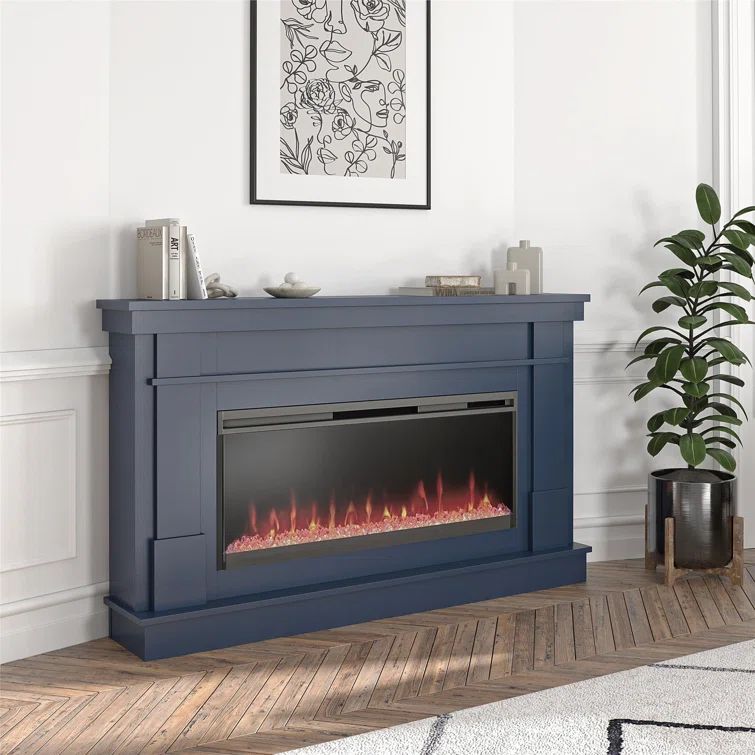 Navy Blue MDF Electric Fireplace with Wide Mantel