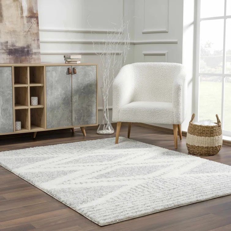 Gray and Cream Geometric Shag Area Rug 6'7" x 9'