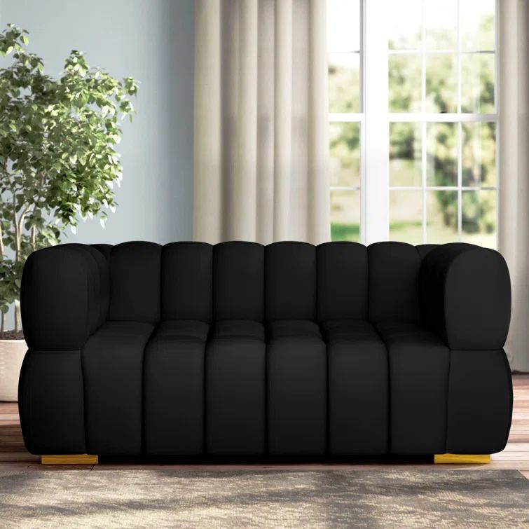 Elegant Gwen 68'' Black Velvet and Solid Wood Loveseat