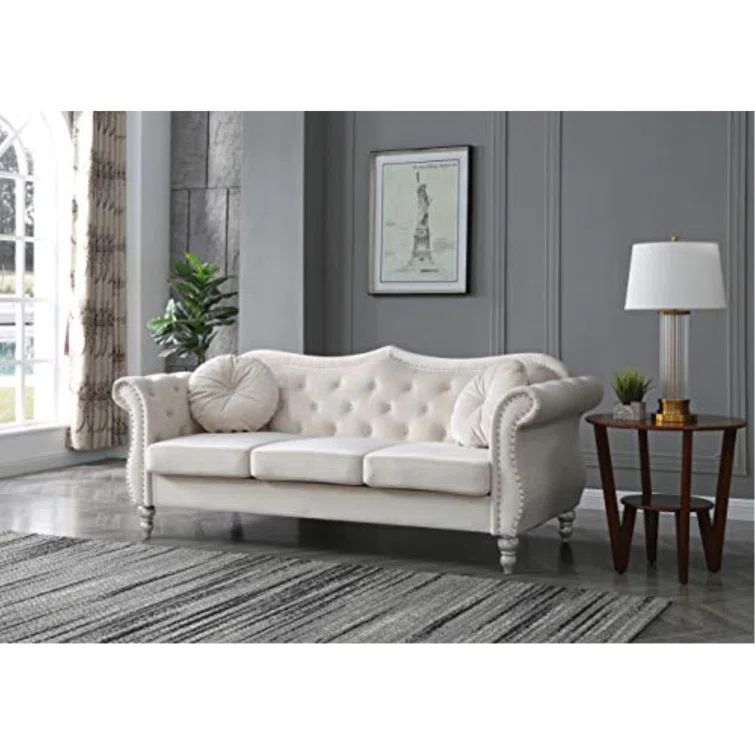 Elegant Dark Gray Velvet Tufted Sofa with Nailhead Accents