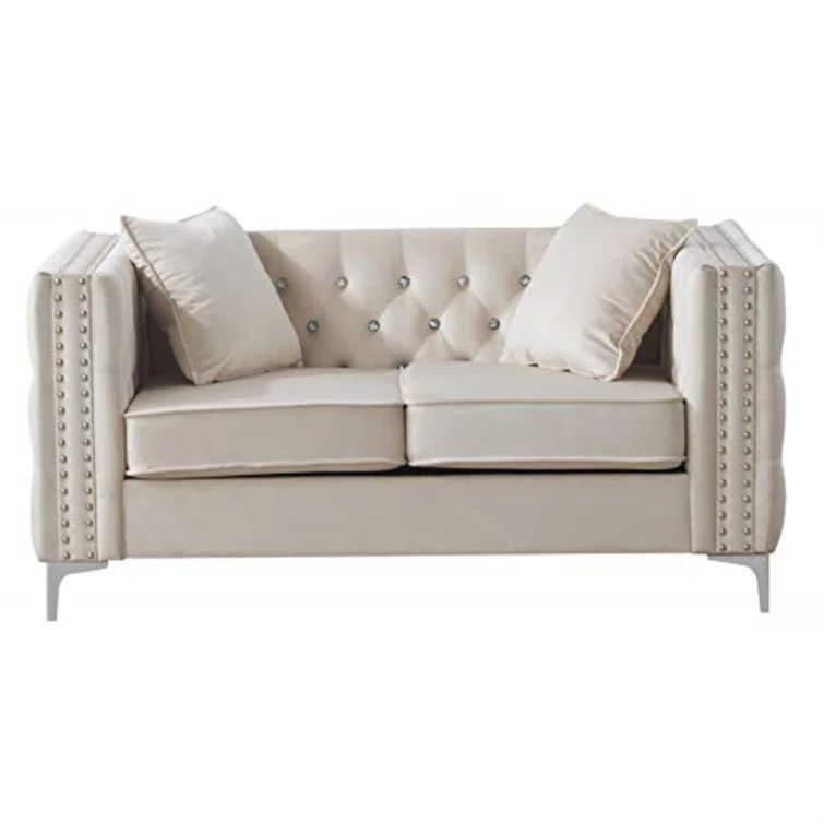 Ivory Velvet Tufted Loveseat with Nailhead Trim and Chrome Legs