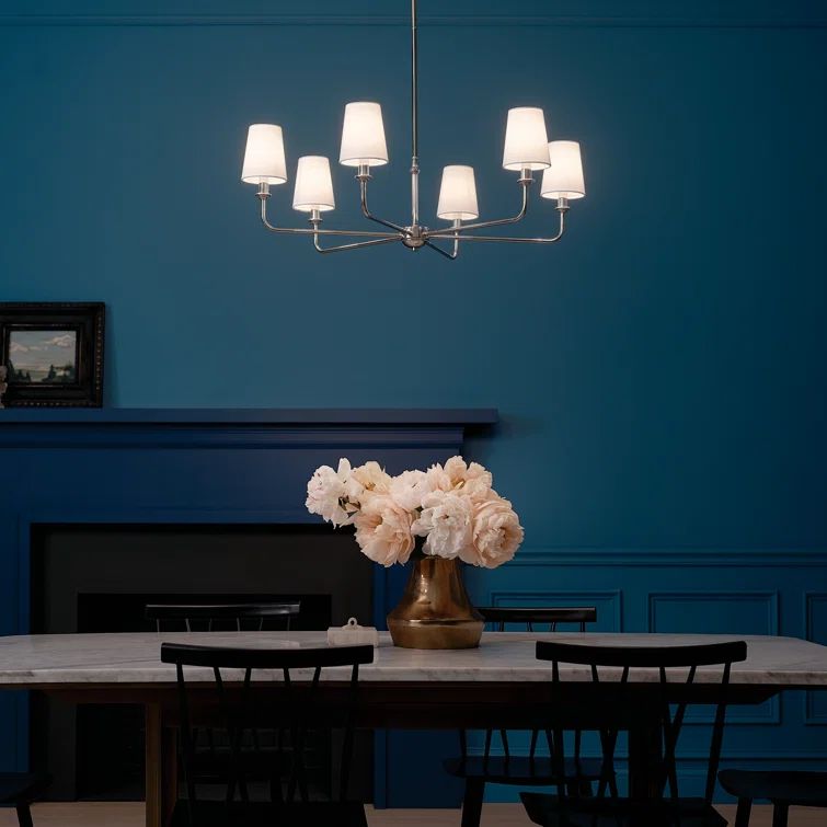 Elegant Pallas 6-Light Chandelier in Polished Nickel with White Linen Shades