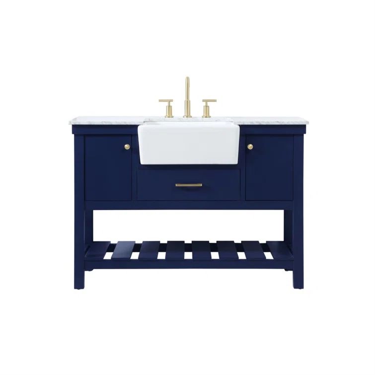 48" Blue Solid Wood and MDF Bathroom Vanity with Carrara Marble Top