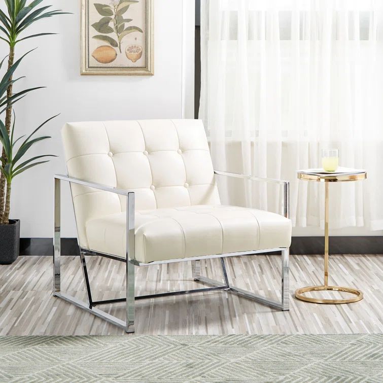 Mid-Century Chrome-Plated White Faux Leather Accent Chair
