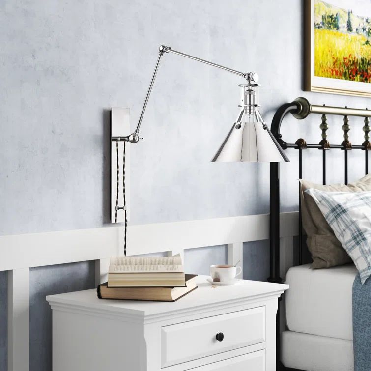 Adjustable Polished Nickel Swing Arm Wall Sconce with Braided Cord