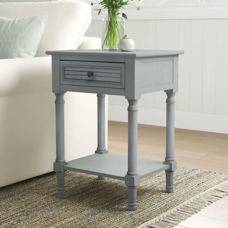 Distressed Gray Wood End Table with Storage