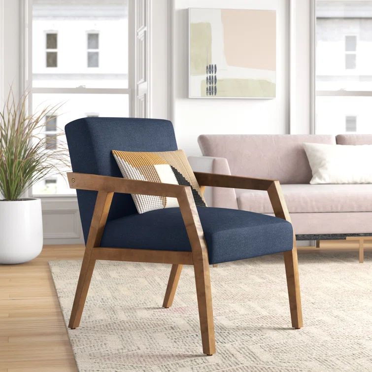 Navy and Brown Wood Upholstered Armchair